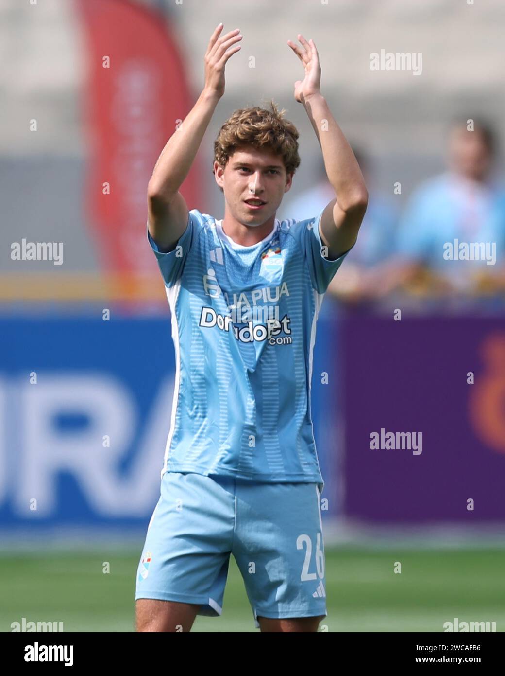 Lima, Peru. 14th Jan, 2024. Ian Wisdom of Sporting Cristal during the friendly match between Sporting Cristal and Universidad Catolica de Chile played at Nacional Stadium on January 14, 2024 in Lima, Peru. (Photo by Miguel Marrufo/PRESSINPHOTO) Credit: PRESSINPHOTO SPORTS AGENCY/Alamy Live News Stock Photo