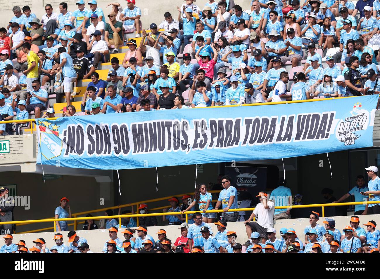 Lima, Peru. 14th Jan, 2024. Sporting Cristal's fans during the friendly match between Sporting Cristal and Universidad Catolica de Chile played at Nacional Stadium on January 14, 2024 in Lima, Peru. (Photo by Miguel Marrufo/PRESSINPHOTO) Credit: PRESSINPHOTO SPORTS AGENCY/Alamy Live News Stock Photo
