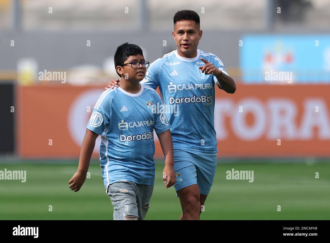 Lima, Peru. 14th Jan, 2024. Jesus Pretell of Sporting Cristal during the friendly match between Sporting Cristal and Universidad Catolica de Chile played at Nacional Stadium on January 14, 2024 in Lima, Peru. (Photo by Miguel Marrufo/PRESSINPHOTO) Credit: PRESSINPHOTO SPORTS AGENCY/Alamy Live News Stock Photo