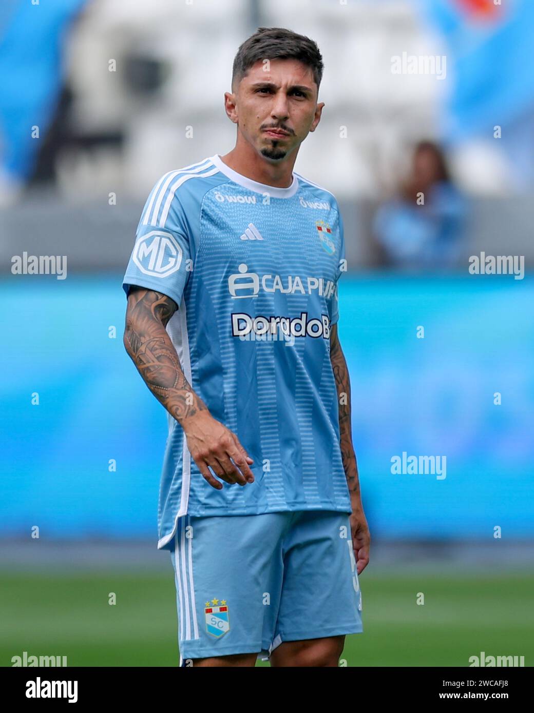Lima, Peru. 14th Jan, 2024. Gustavo Cazonatti of Sporting Cristal during the friendly match between Sporting Cristal and Universidad Catolica de Chile played at Nacional Stadium on January 14, 2024 in Lima, Peru. (Photo by Miguel Marrufo/PRESSINPHOTO) Credit: PRESSINPHOTO SPORTS AGENCY/Alamy Live News Stock Photo