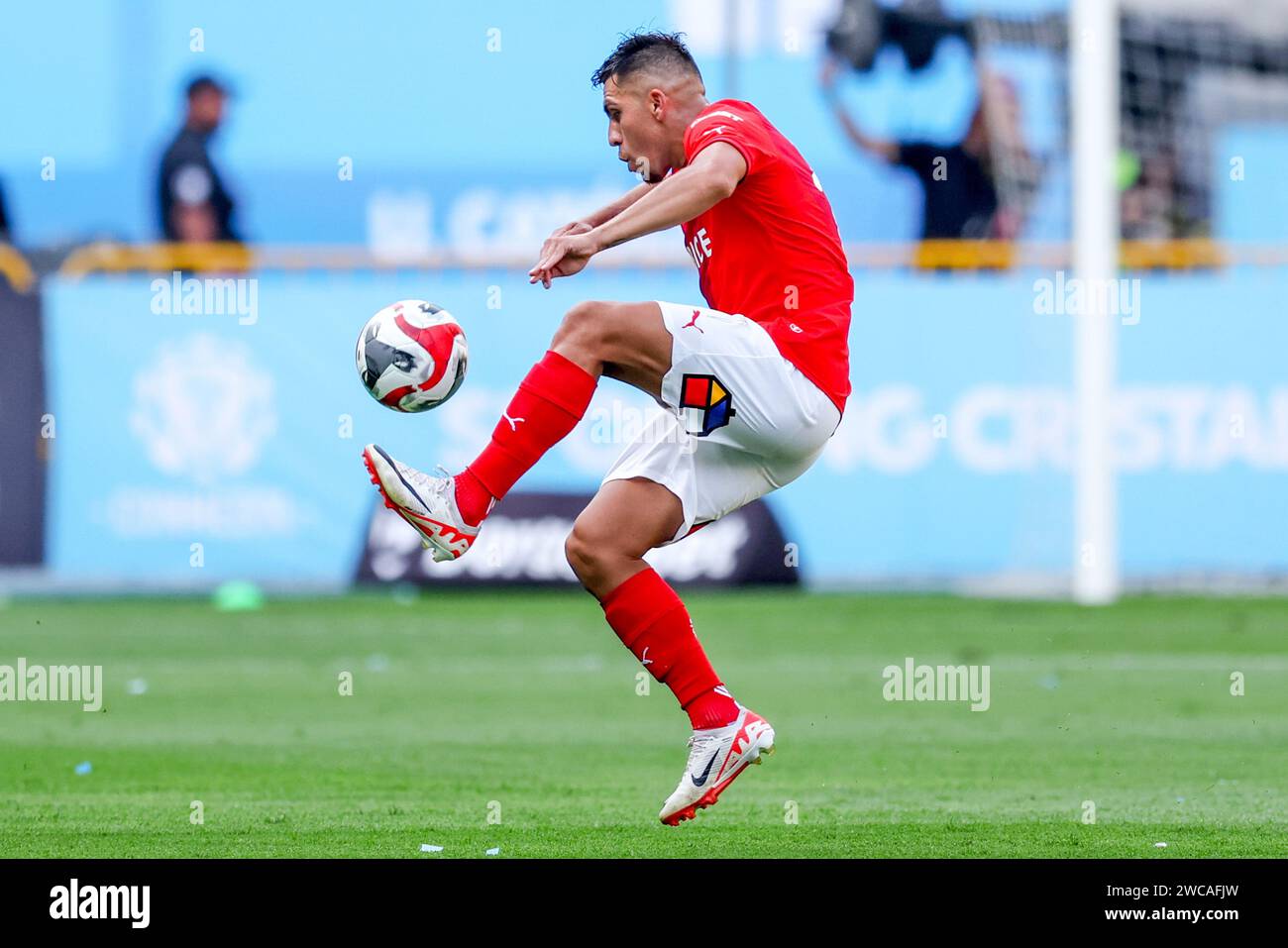 Lima, Peru. 14th Jan, 2024. Cesar Pinares of Universidad Catolica during the friendly match between Sporting Cristal and Universidad Catolica de Chile played at Nacional Stadium on January 14, 2024 in Lima, Peru. (Photo by Miguel Marrufo/PRESSINPHOTO) Credit: PRESSINPHOTO SPORTS AGENCY/Alamy Live News Stock Photo