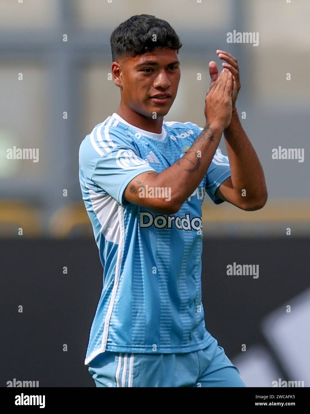 Lima, Peru. 14th Jan, 2024. Leonardo Diaz of Sporting Cristal during the friendly match between Sporting Cristal and Universidad Catolica de Chile played at Nacional Stadium on January 14, 2024 in Lima, Peru. (Photo by Miguel Marrufo/PRESSINPHOTO) Credit: PRESSINPHOTO SPORTS AGENCY/Alamy Live News Stock Photo