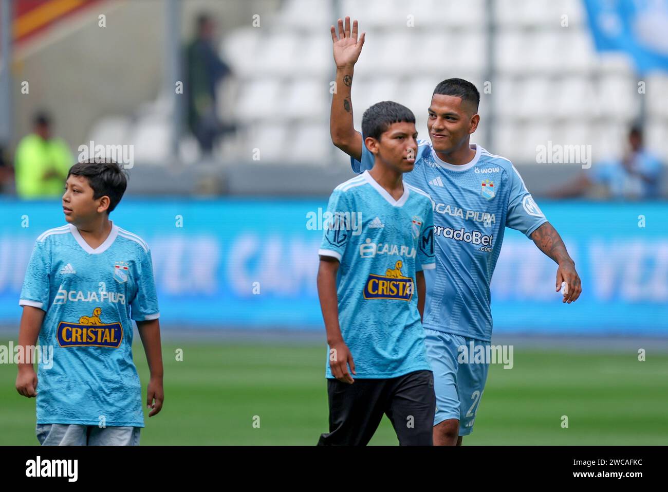 Lima, Peru. 14th Jan, 2024. Joao Grimaldo of Sporting Cristal during the friendly match between Sporting Cristal and Universidad Catolica de Chile played at Nacional Stadium on January 14, 2024 in Lima, Peru. (Photo by Miguel Marrufo/PRESSINPHOTO) Credit: PRESSINPHOTO SPORTS AGENCY/Alamy Live News Stock Photo