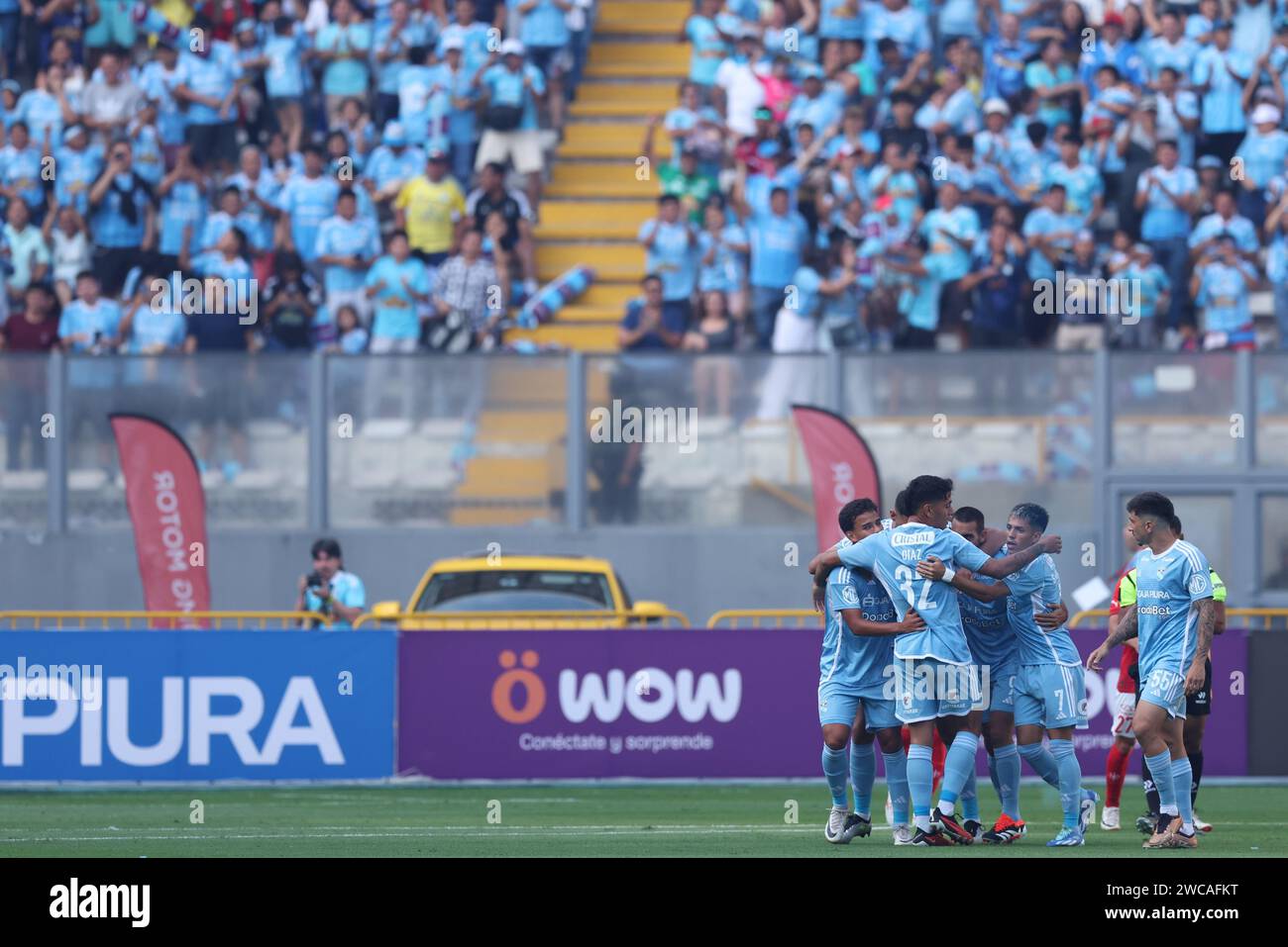 Lima, Peru. 14th Jan, 2024. Sporting Cristal players celebrating goal during the friendly match between Sporting Cristal and Universidad Catolica de Chile played at Nacional Stadium on January 14, 2024 in Lima, Peru. (Photo by Miguel Marrufo/PRESSINPHOTO) Credit: PRESSINPHOTO SPORTS AGENCY/Alamy Live News Stock Photo