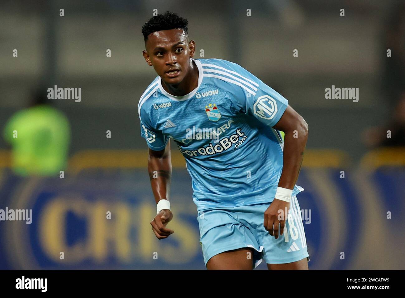 Lima, Peru. 14th Jan, 2024. Franco Medina of Sporting Cristal during the friendly match between Sporting Cristal and Universidad Catolica de Chile played at Nacional Stadium on January 14, 2024 in Lima, Peru. (Photo by Miguel Marrufo/PRESSINPHOTO) Credit: PRESSINPHOTO SPORTS AGENCY/Alamy Live News Stock Photo