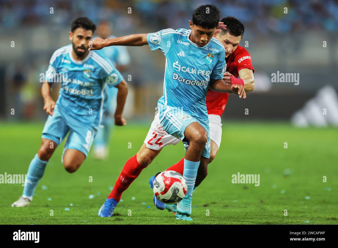 Lima, Peru. 14th Jan, 2024. Max Castro of Sporting Cristal during the friendly match between Sporting Cristal and Universidad Catolica de Chile played at Nacional Stadium on January 14, 2024 in Lima, Peru. (Photo by Miguel Marrufo/PRESSINPHOTO) Credit: PRESSINPHOTO SPORTS AGENCY/Alamy Live News Stock Photo