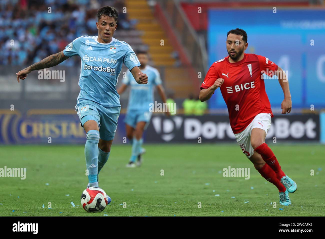 Lima, Peru. 14th Jan, 2024. Santiago Gonzalez of Sporting Cristal during the friendly match between Sporting Cristal and Universidad Catolica de Chile played at Nacional Stadium on January 14, 2024 in Lima, Peru. (Photo by Miguel Marrufo/PRESSINPHOTO) Credit: PRESSINPHOTO SPORTS AGENCY/Alamy Live News Stock Photo