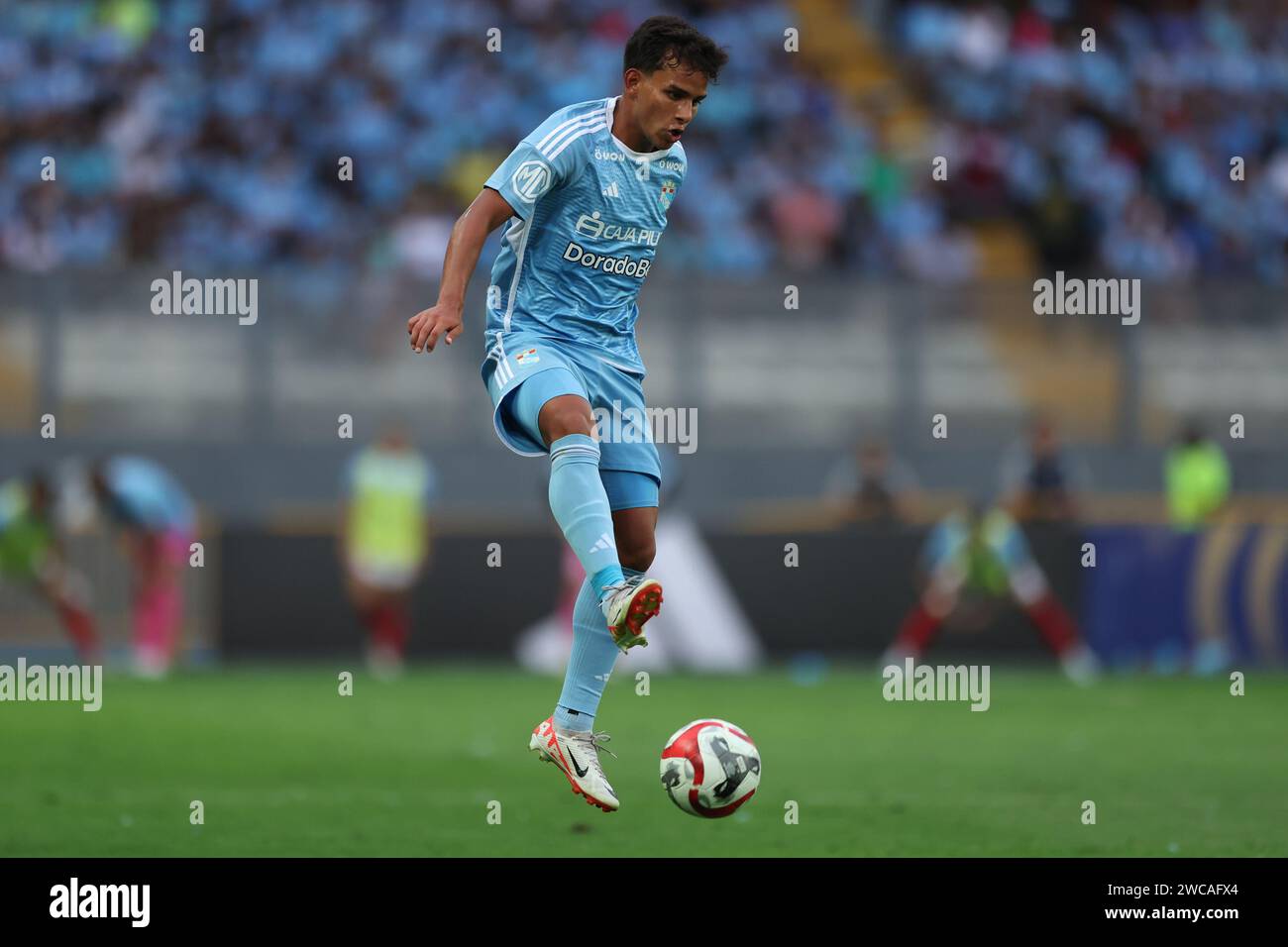 Lima, Peru. 14th Jan, 2024. Jhilmar Lora of Sporting Cristal during the friendly match between Sporting Cristal and Universidad Catolica de Chile played at Nacional Stadium on January 14, 2024 in Lima, Peru. (Photo by Miguel Marrufo/PRESSINPHOTO) Credit: PRESSINPHOTO SPORTS AGENCY/Alamy Live News Stock Photo