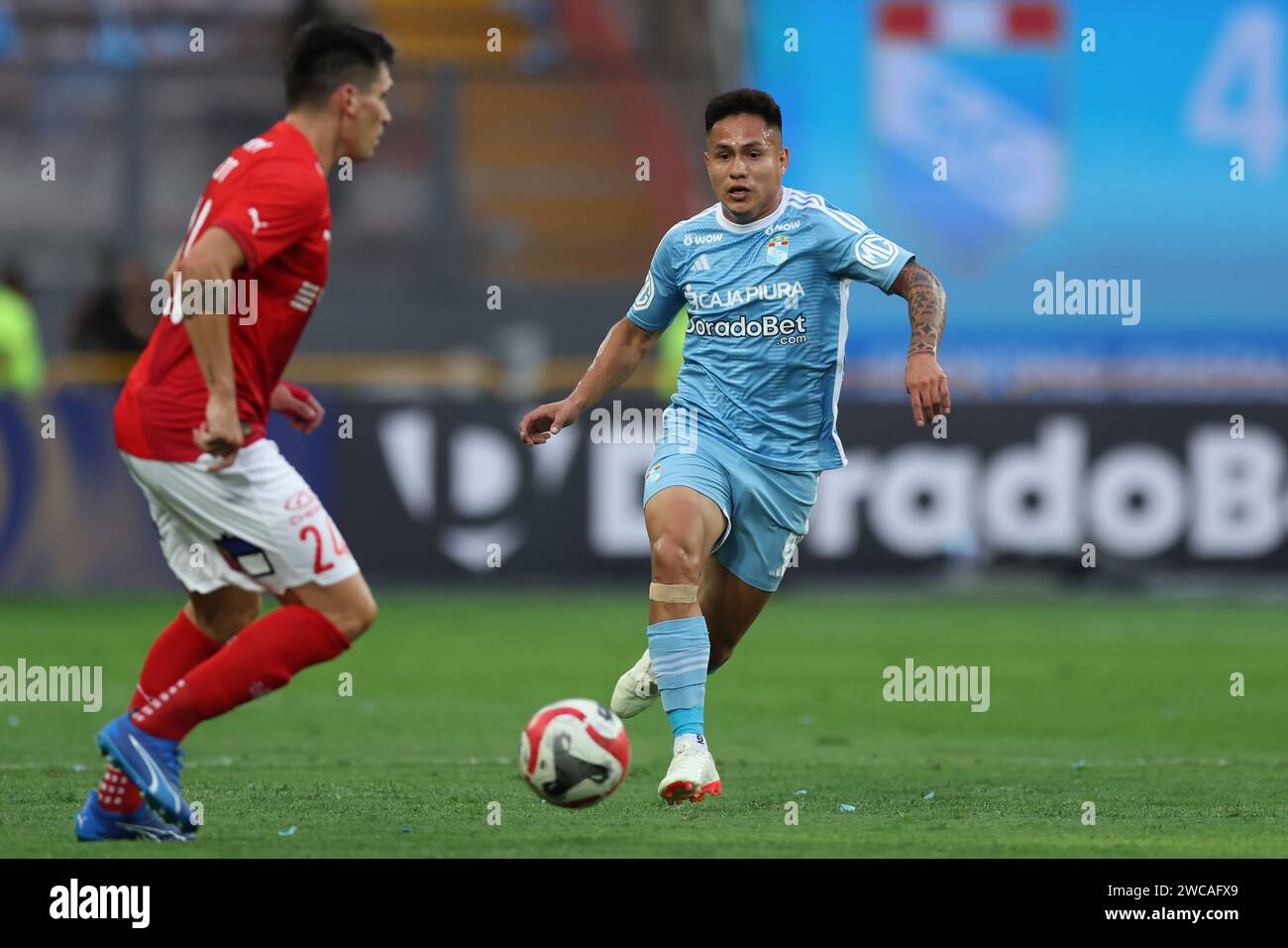 Lima, Peru. 14th Jan, 2024. Jesus Pretell of Sporting Cristal during the friendly match between Sporting Cristal and Universidad Catolica de Chile played at Nacional Stadium on January 14, 2024 in Lima, Peru. (Photo by Miguel Marrufo/PRESSINPHOTO) Credit: PRESSINPHOTO SPORTS AGENCY/Alamy Live News Stock Photo
