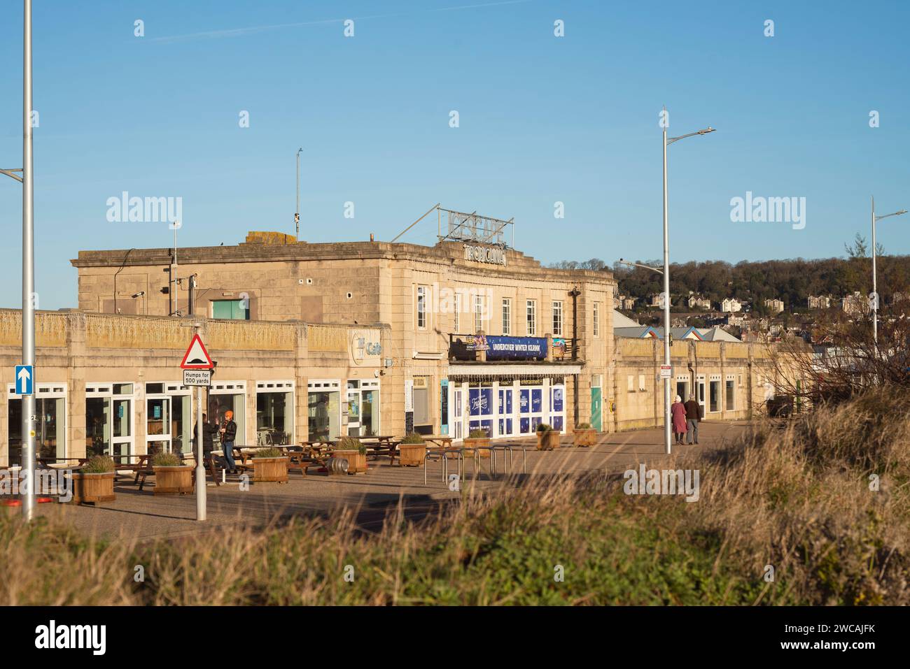 General view of the Tropicana on Weston-super-Mare seafront in North Somerset on a sunny clear day. The Tropicana has Levelling Up Fund support. Stock Photo