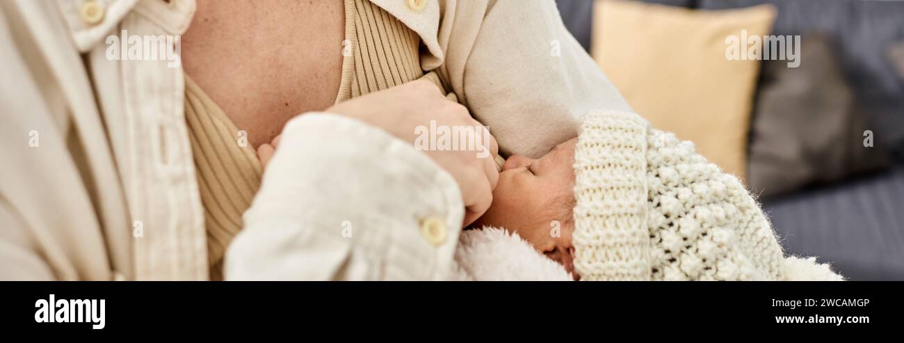 caring mother in comfy homewear breastfeeding her newborn baby boy, modern parenting, banner Stock Photo