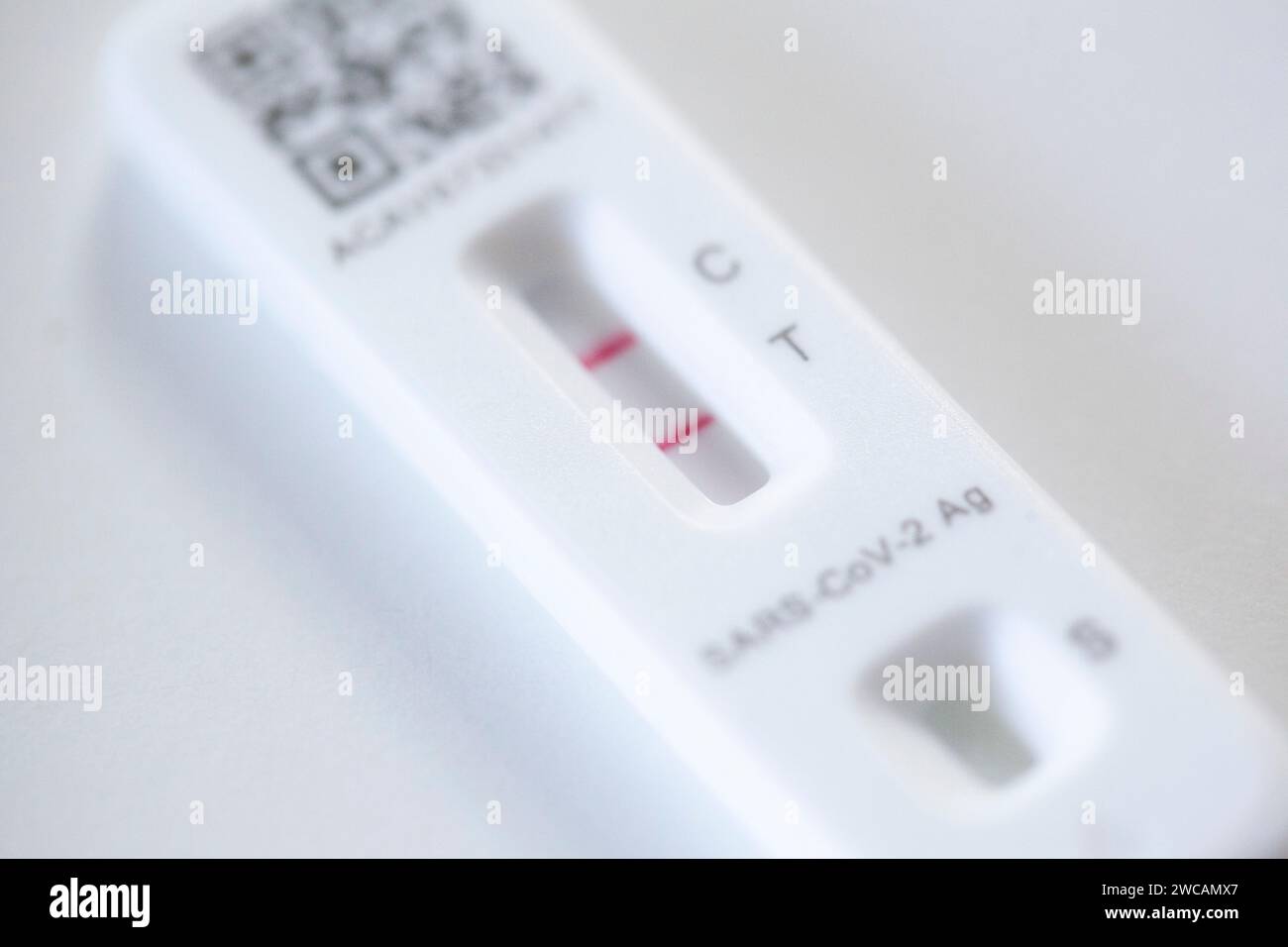 London, UK, 15 January 2024: a lateral flow test with two red lines shows a positive result for Covid. Cases surged in the UK over Christmas and New Year. Around 70% of new cases are of the highly transmissible Juno variant. Anna Watson/Alamy Live News Stock Photo