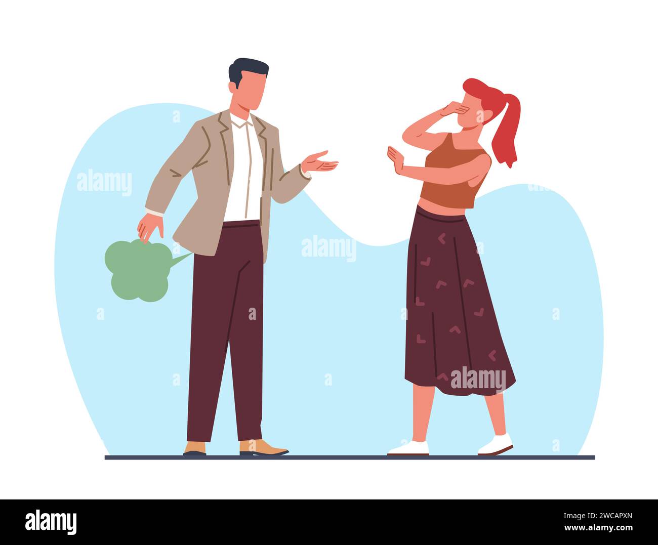 Shy man farts in front of girl. Farting guy character, woman cover her nose from disgusting