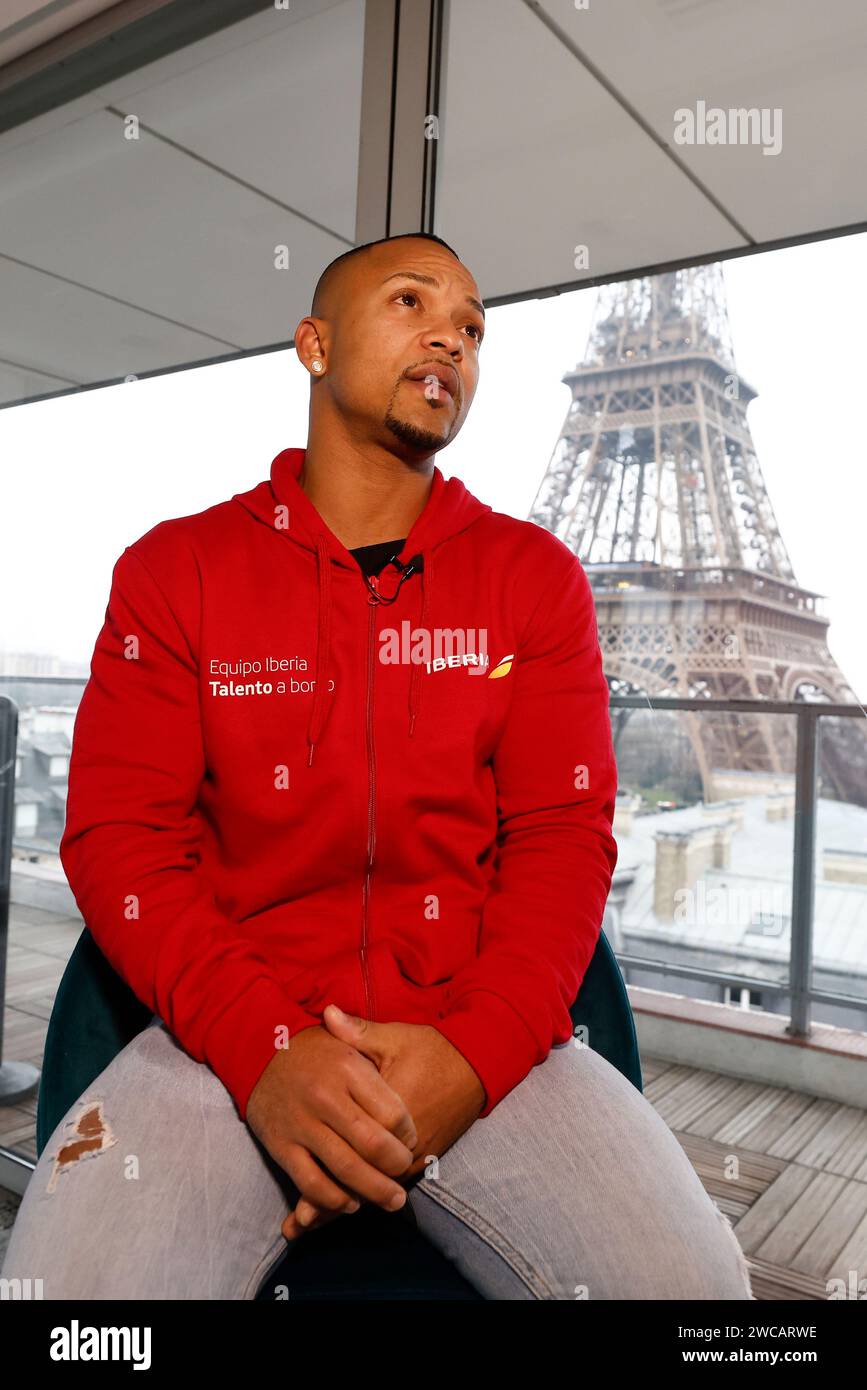 Ray Zapata attends an interview for Europa Press in front of Eiffel