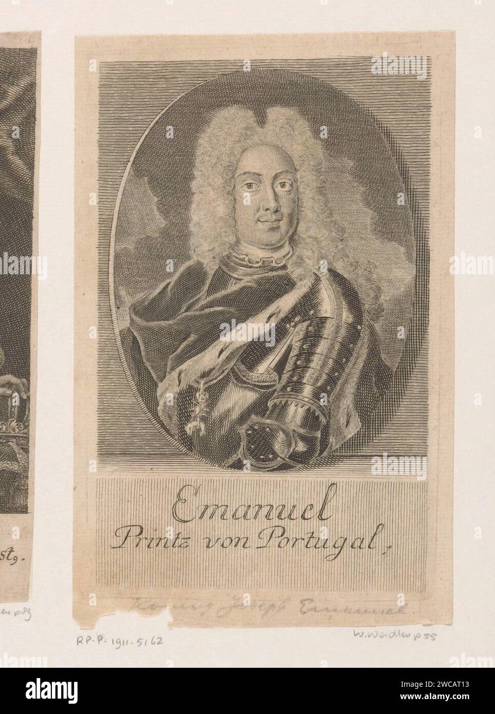 Portrait of Infante Manuel, Graaf van Ourém, Martin Bernigeroth, 1721 - 1767 print  Leipzig paper engraving historical persons. armour. mantle, gown, dress (symbol of sovereignty). knighthood order of the Golden Fleece - insignia of a knighthood order, e.g.: badge, chain (with NAME of order) Stock Photo