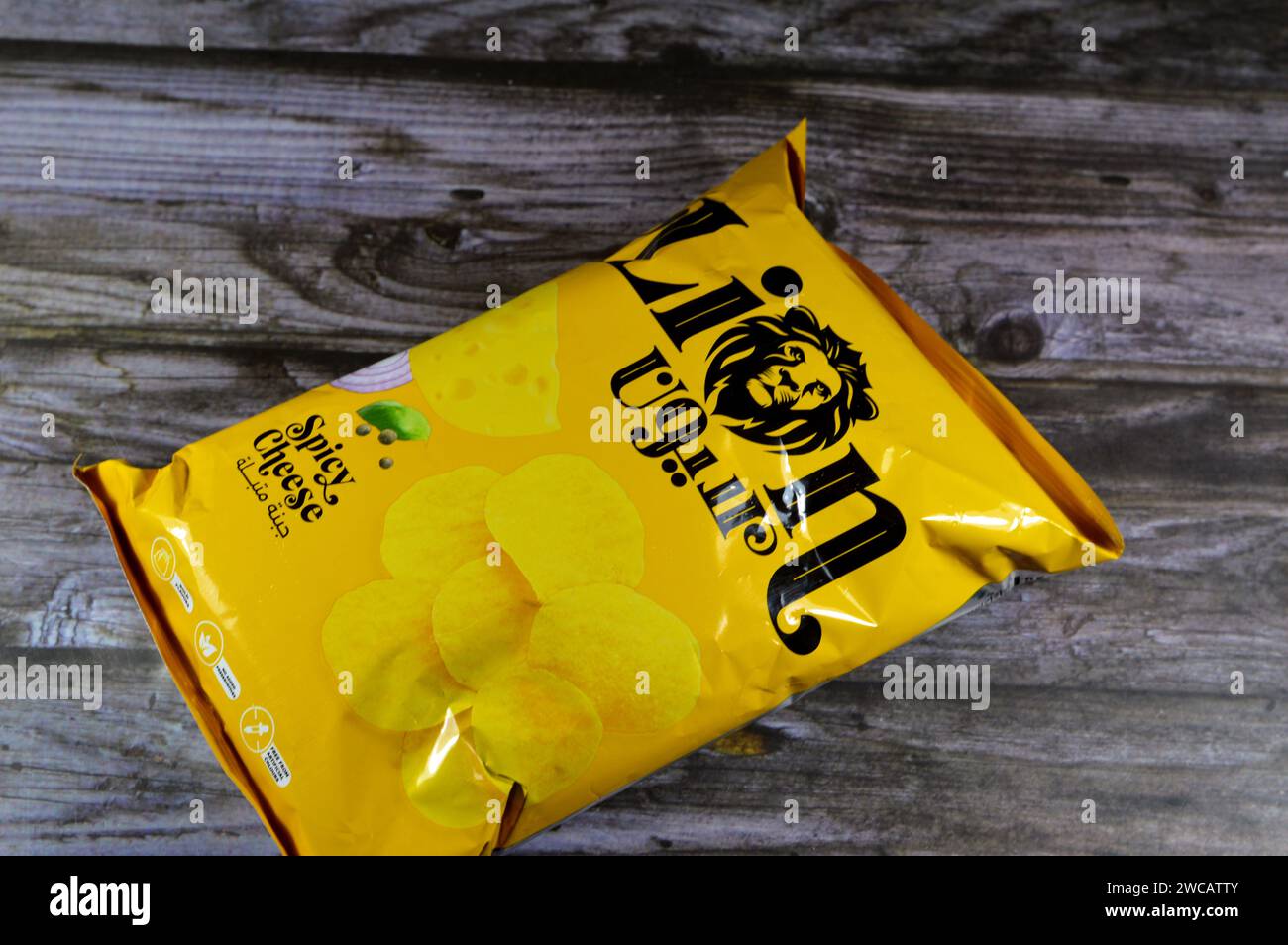 Cairo, Egypt, January 13 2024 Lion Potato chips spicy cheese, crisps