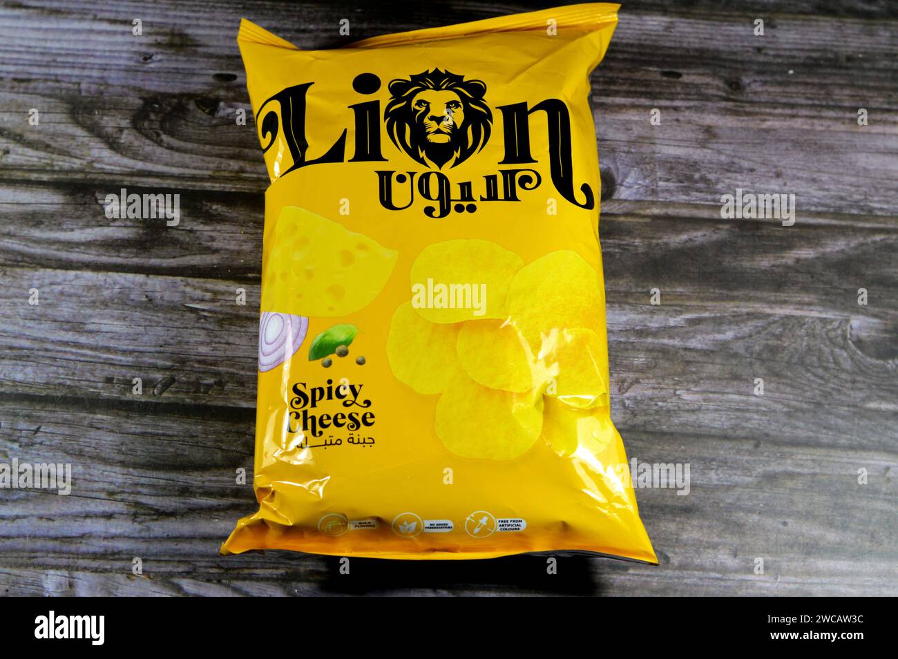 Cairo, Egypt, January 13 2024 Lion Potato chips spicy cheese, crisps