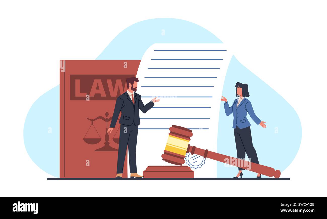 Concept of legal document execution, attorney files with court. Notary and lawyer in court. Jurisprudence and legislation. Huge law book and people Stock Vector