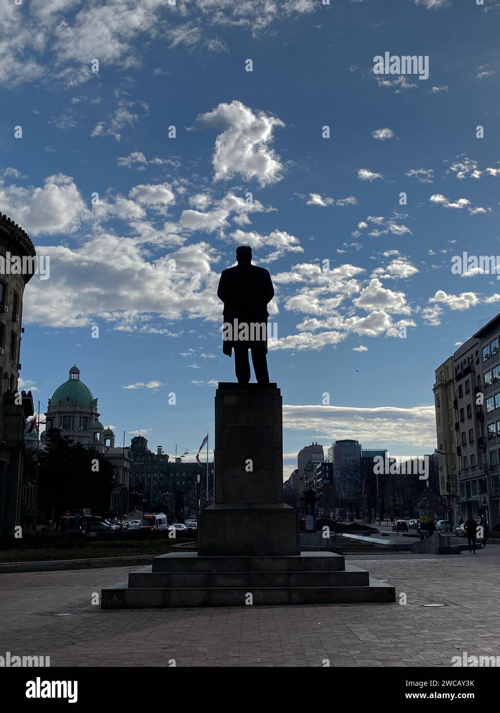 An almost silhouetted view of Nikola Basic Square, Belgrade, Serbia. Stock Photo