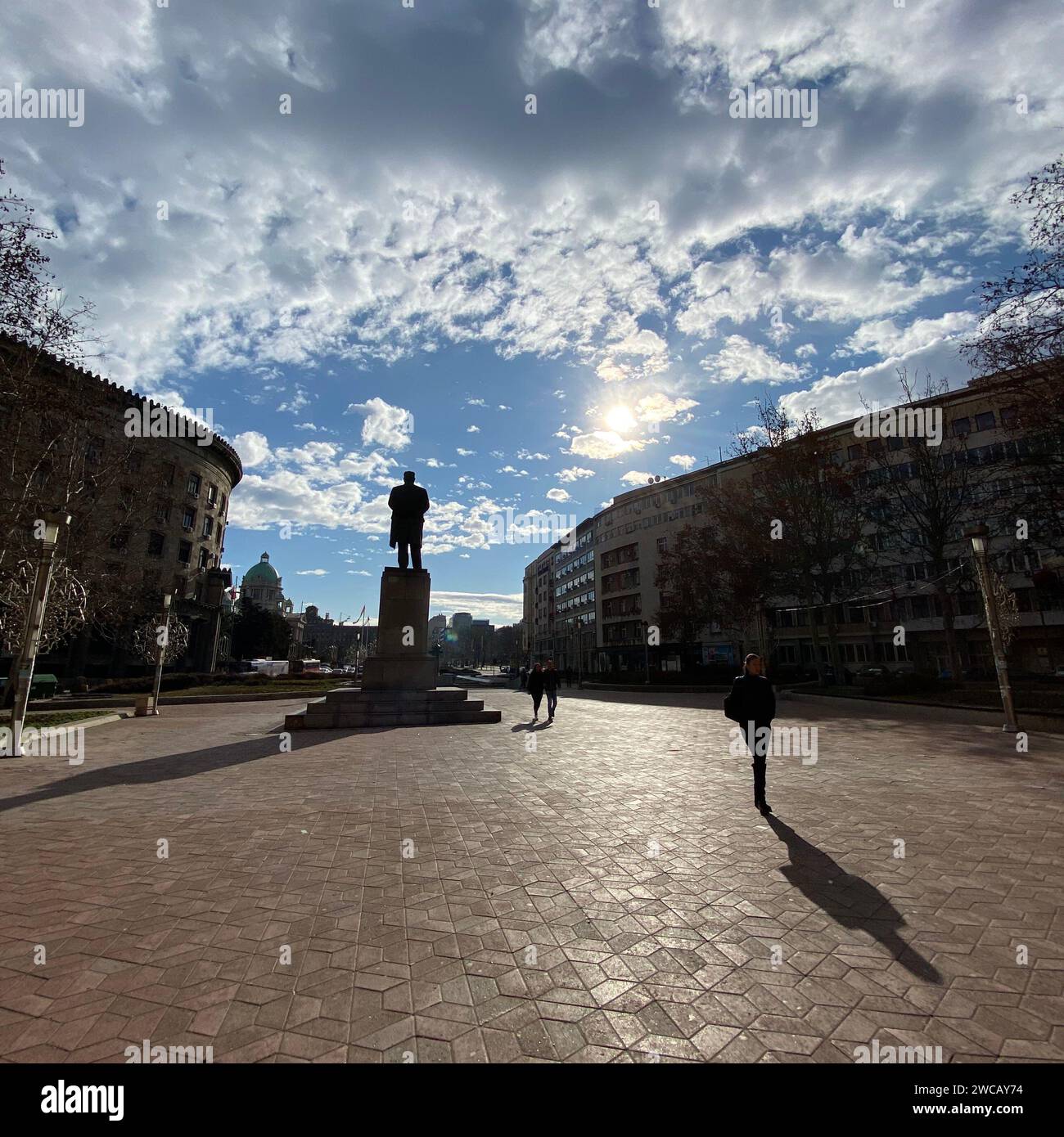 An almost silhouetted view of Nikola Basic Square, Belgrade, Serbia. Stock Photo