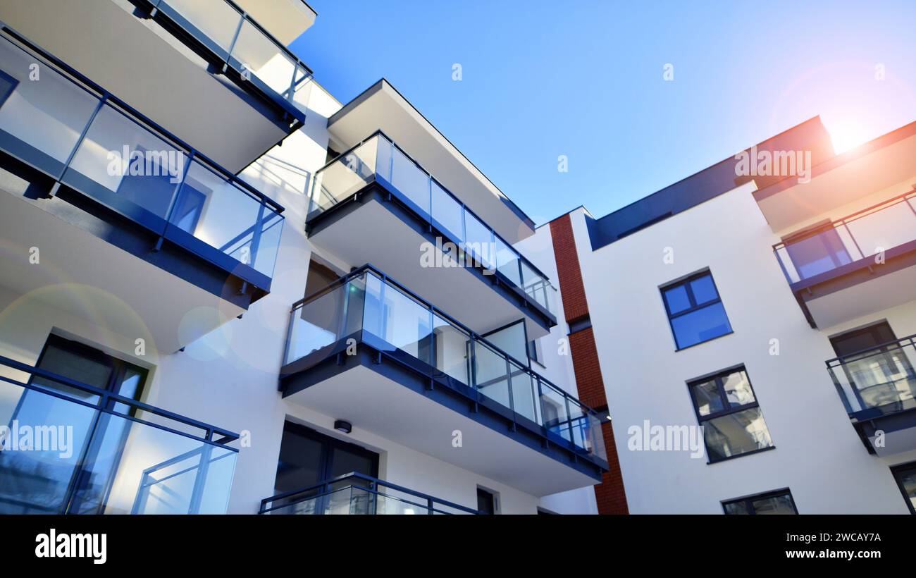 Flats In Building Residential area with modern apartment building. Multi Storey modern ...