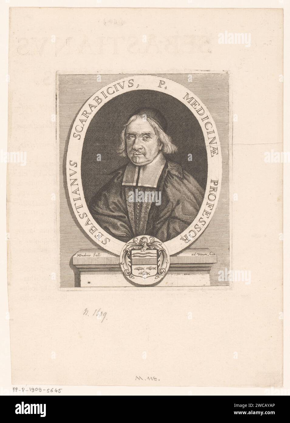 Burtree Van Sebastiano Scarcheco. Martial Desbois, 1682 print  Padua paper etching / engraving historical persons. professor. armorial bearing, heraldry Stock Photo