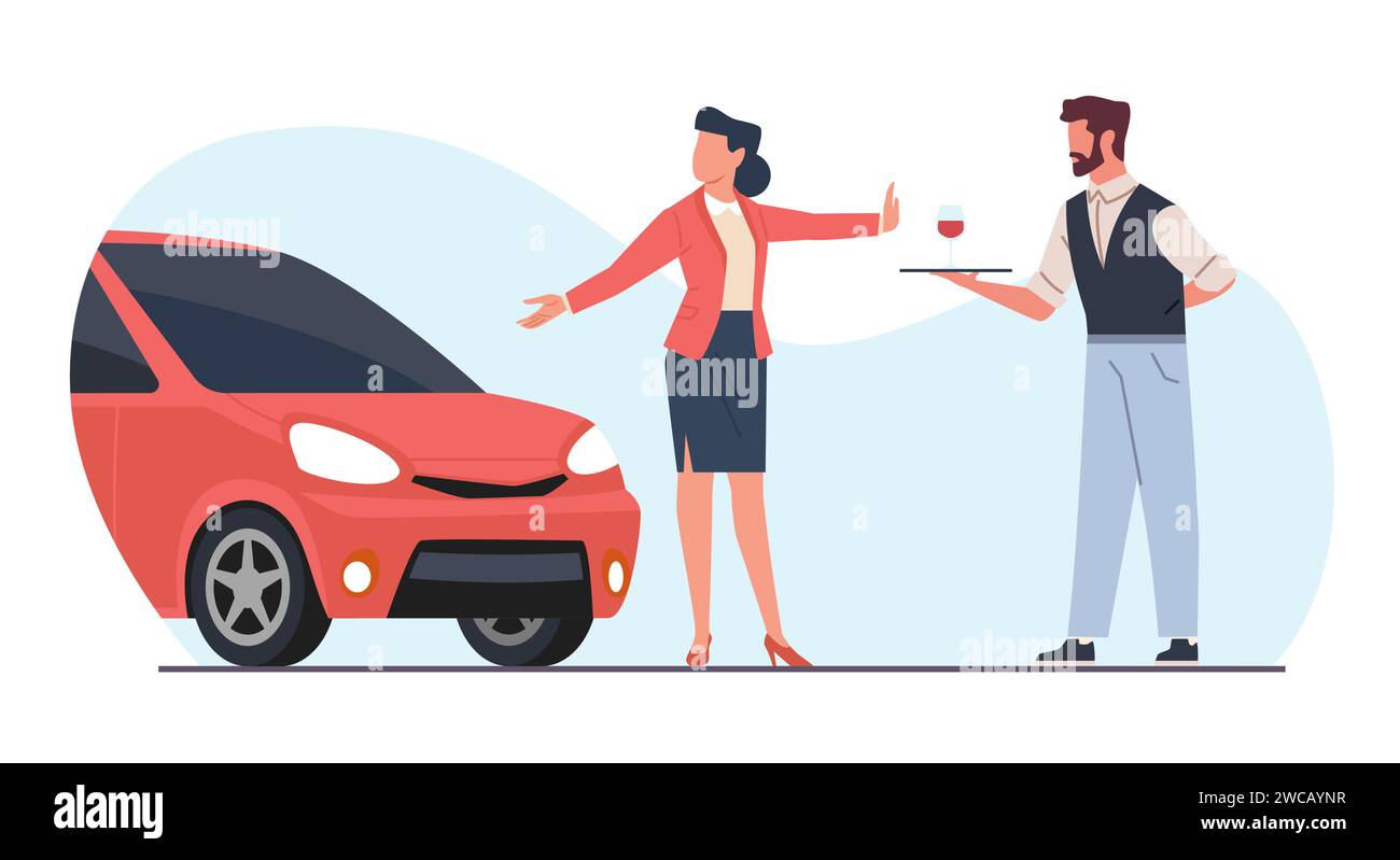 Female driver refuses alcohol and points her hand at car. Be responsible poster. Stop gesture, waiter hold wine. Dont drink cartoon flat isolated Stock Vector