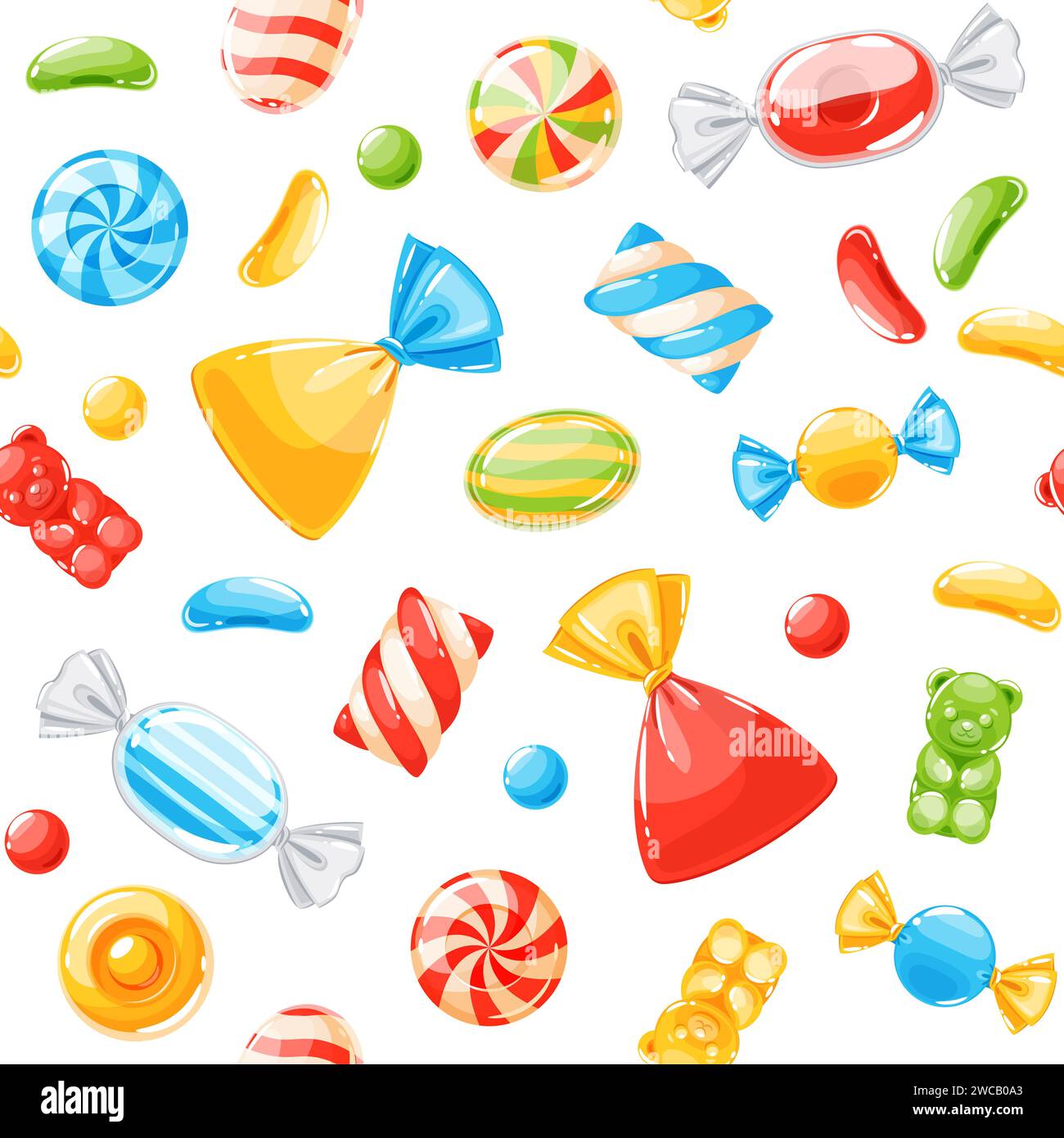 Cartoon candies seamless pattern. Lollipops, caramel and jelly bears