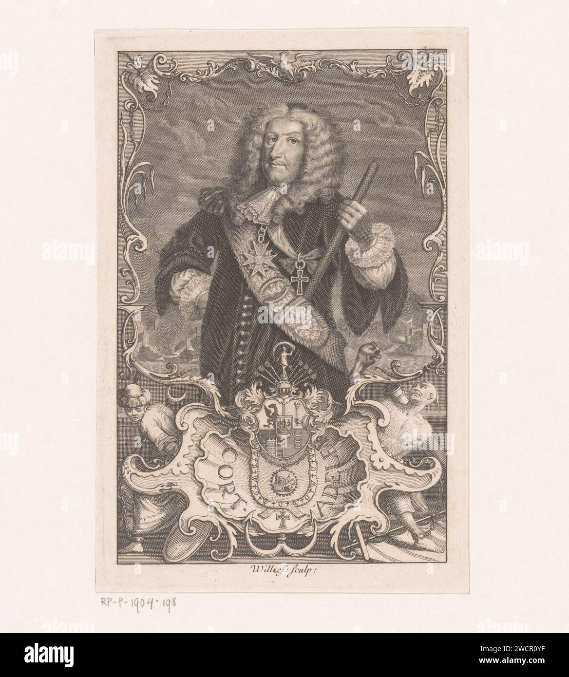 Portrait of Koert Adelaer, Johann Georg Wille, 1725 - 1808 print  Germany (possibly) paper engraving historical persons. slavery; serfs and the enslaved. symbols of particular nations, states, districts, etc. Stock Photo