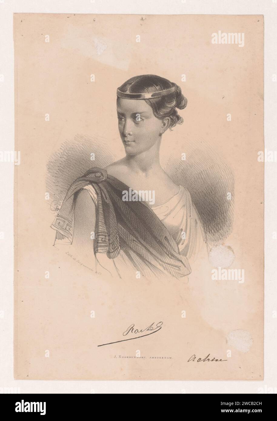 Portret Van Rachel, Desuerrois & Co., 1827 - 1905 print The person portrayed wears a dress inspired by a Greek gown. Over it, she wears a loose stole that is fixed on her right shoulder. She looks to the left and wears a diadem without decorations. Under the portrait her signature. Amsterdam paper  historical persons - BB - woman (+ (full) bust portrait). drapery, draped garment, 'Gewandgebung' (+ women's clothes). diadem, tiara Stock Photo