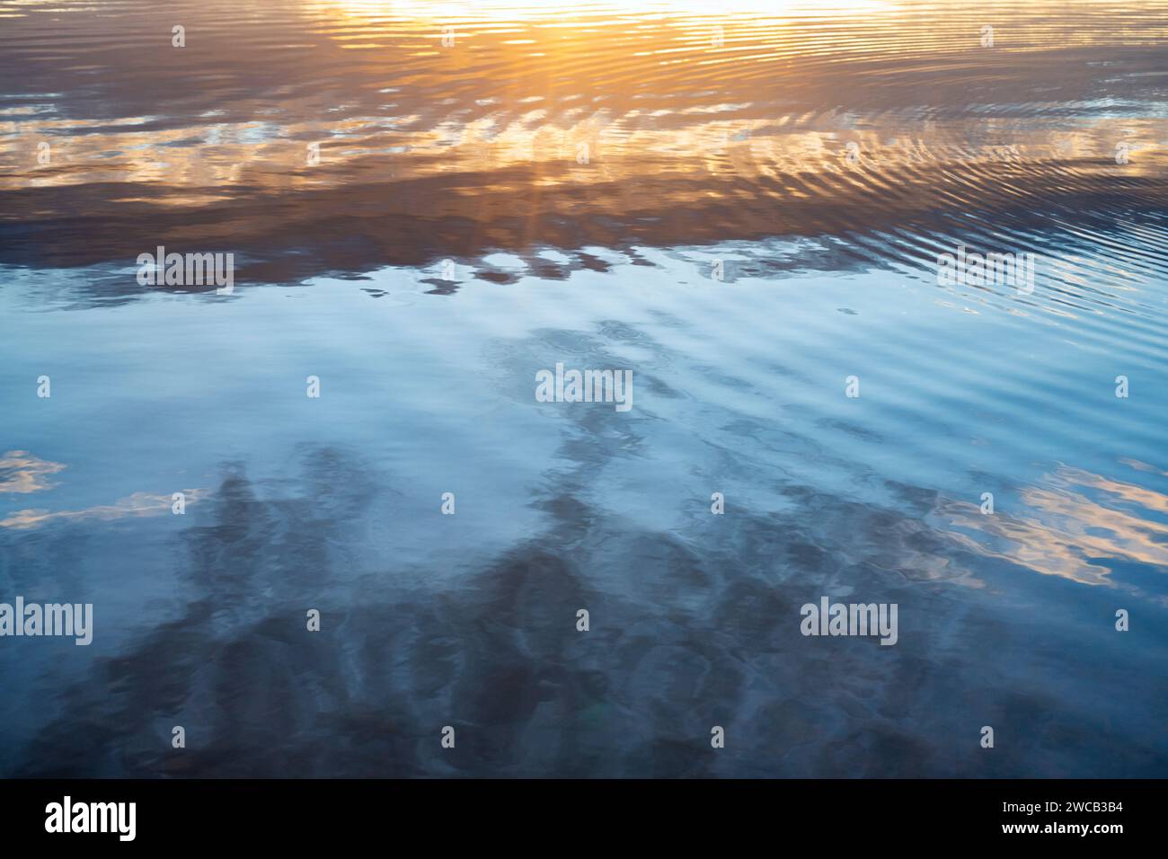 Sunset water ripple on a still loch in winter. Lochindorb, Highlands, Scotland Stock Photo