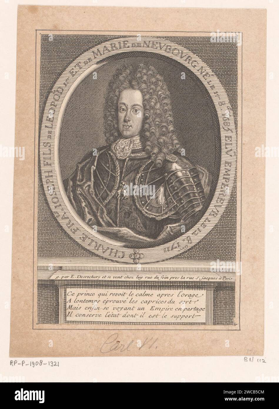 Portrait of Charles VI, emperor of the Holy Roman Empire, Etienne Desrochers, c. 1726 print  Paris paper engraving historical persons. emperor Stock Photo