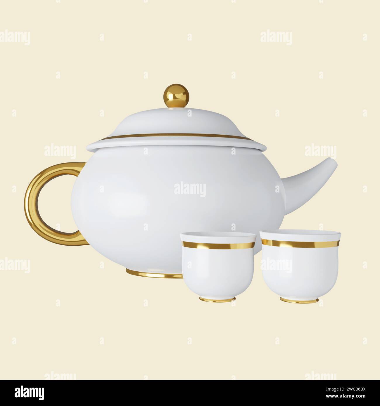 3d tea set. Mid autumn festival. icon isolated on yellow background. 3d rendering illustration. Clipping path. Stock Photo