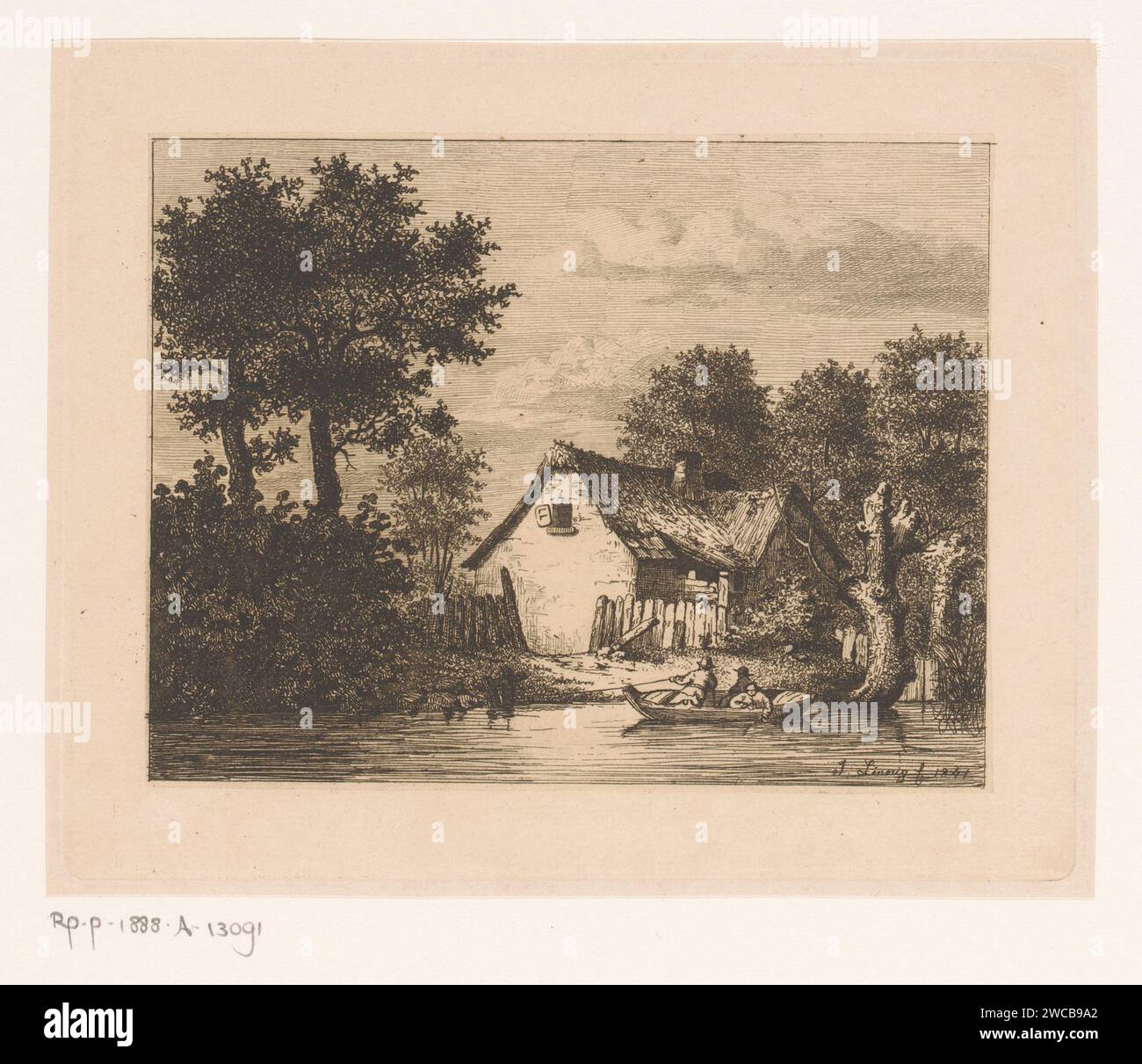Rowing boat on a river for a farm in Wetteren, Jean Théodore Joseph Linnig, 1841 print   paper. etching rowing-boat, canoe, etc.. farm or solitary house in landscape Wetteren Stock Photo