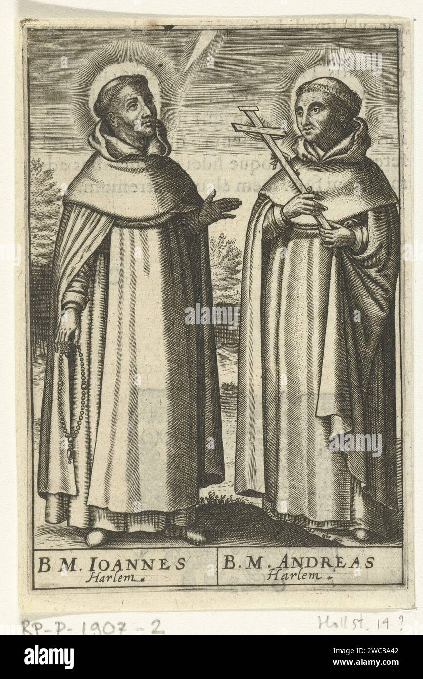 Saint John and Saint Andreas, Martin Baes, 1618 print Page from a book with Saint John and Saint Andreas. Both in Dominican habit. Johannes is wearing a rosary, Andreas a crucifix. Under the show the names and a reference to Haarlem. To the Versokant text in Latin. Douai paper engraving the apostle Andrew; possible attributes: book, X-shaped cross, fish, fishing-net, rope, scroll. the apostle John the Evangelist; possible attributes: book, cauldron, chalice with snake, eagle, palm, scroll Stock Photo