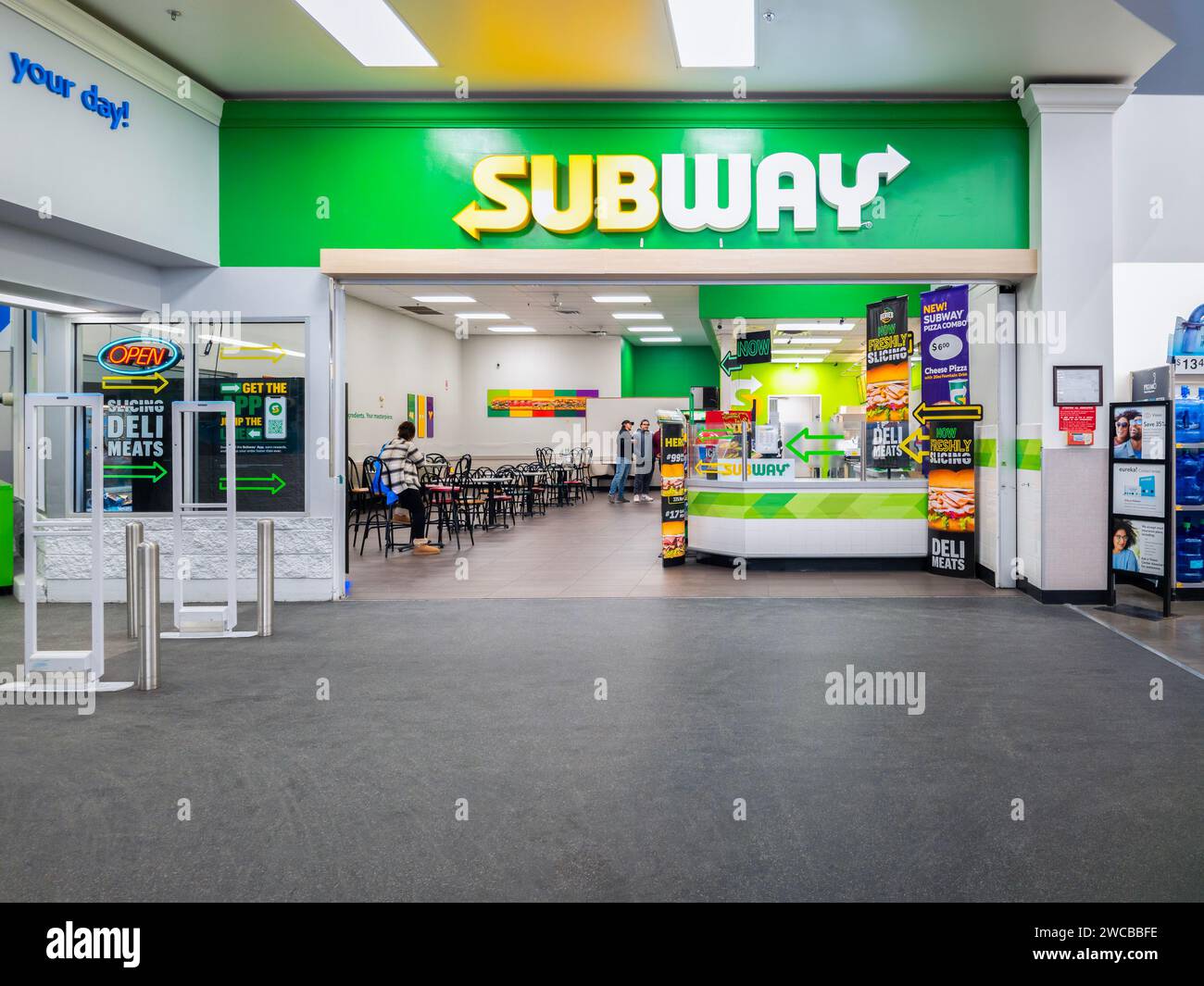 New Hartford, NY - Nov 27, 2023: Subway storefront at Walmart, Subway started opening shops inside Walmart stores in 2004, benefited from the high foo Stock Photo
