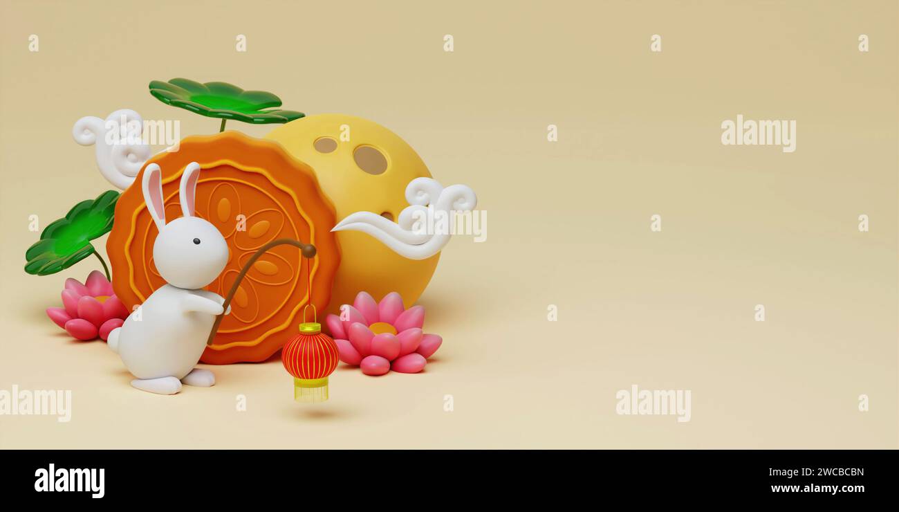 3d Rabbit holding lanterns with baked mooncake and lotus, full moon on ...