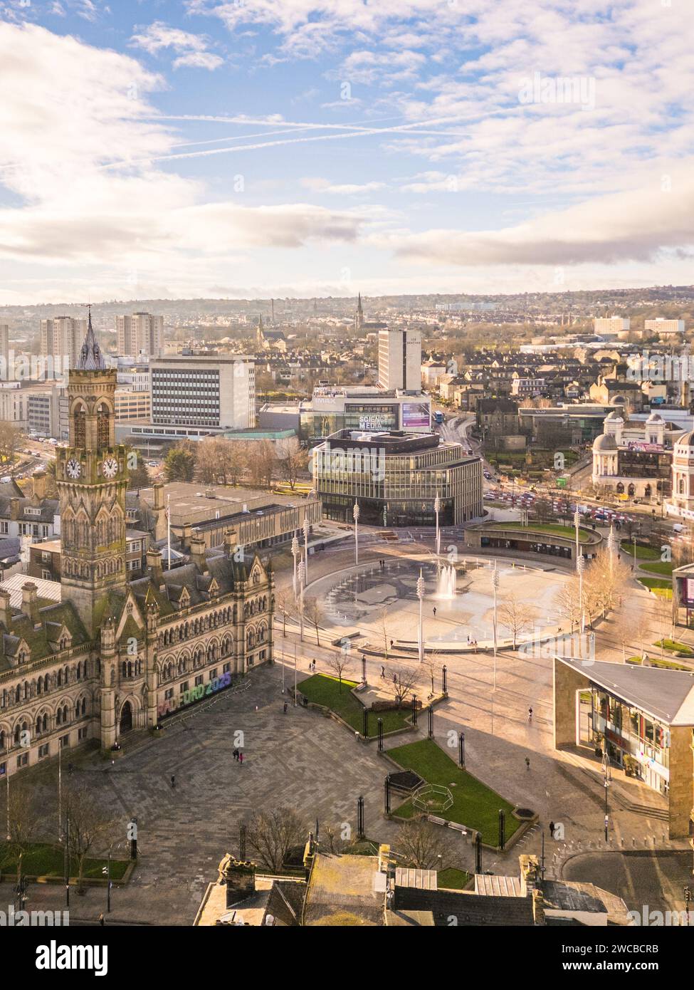 Aerial view of Bradford City Centre including Town Hall and Centenary