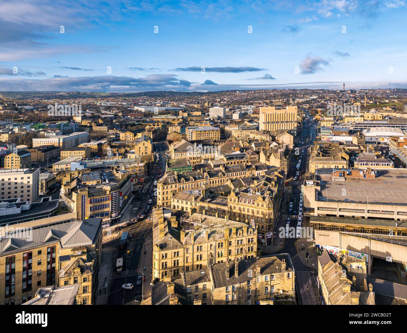 Aerial view over Bradford City Centre, West Yorkshire, including office