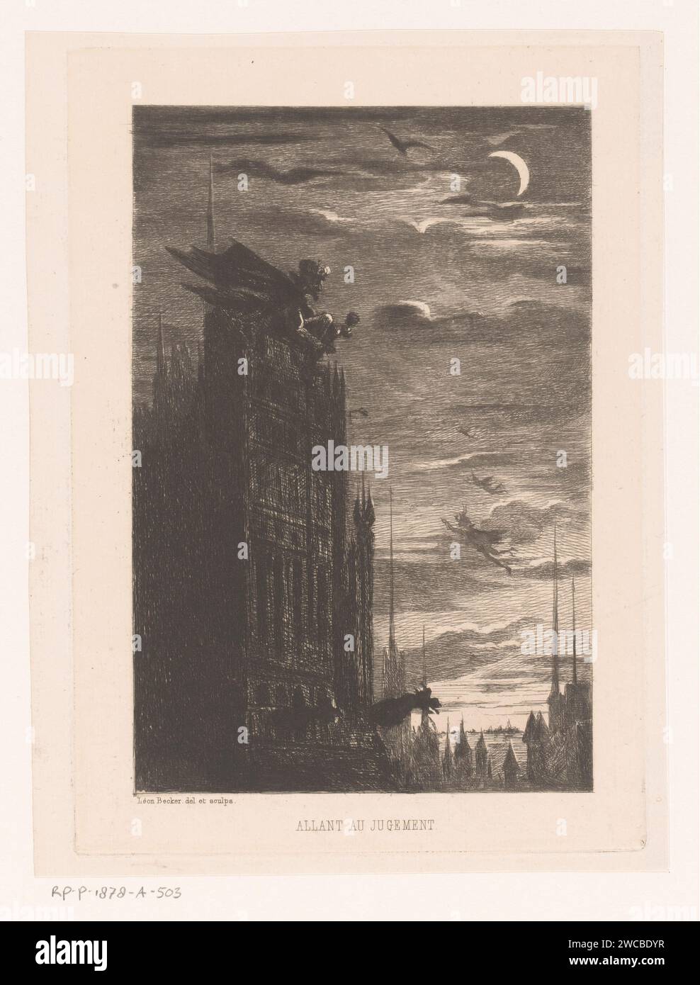 Night face with church tower and devils, Léon Becker, 1869 print  Paris paper etching devil(s) and demons. parts of church exterior and annexes Stock Photo