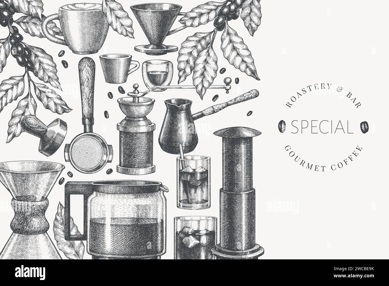 Alternative Coffee Makers Illustration. Vector Hand Drawn Specialty