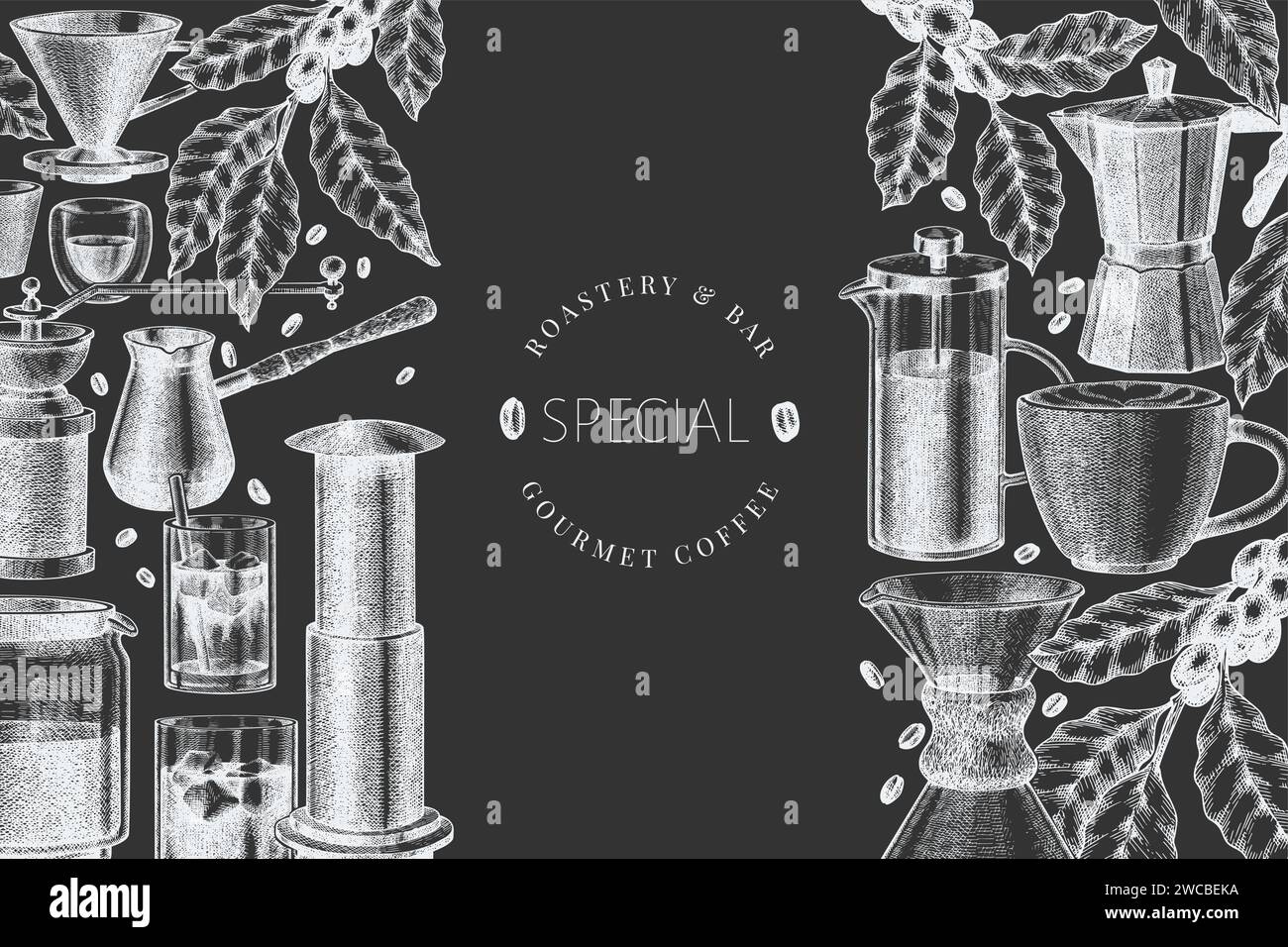 Alternative Coffee Makers Chalk Board Illustration. Vector Hand Drawn