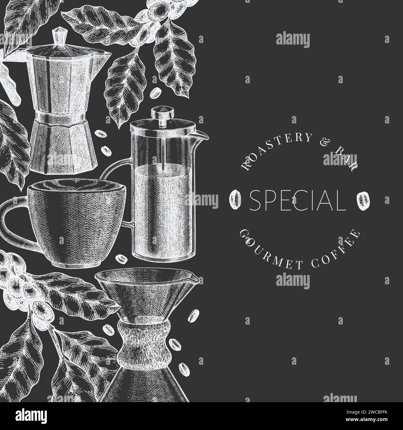 Alternative Coffee Makers Chalk Board Illustration. Vector Hand Drawn