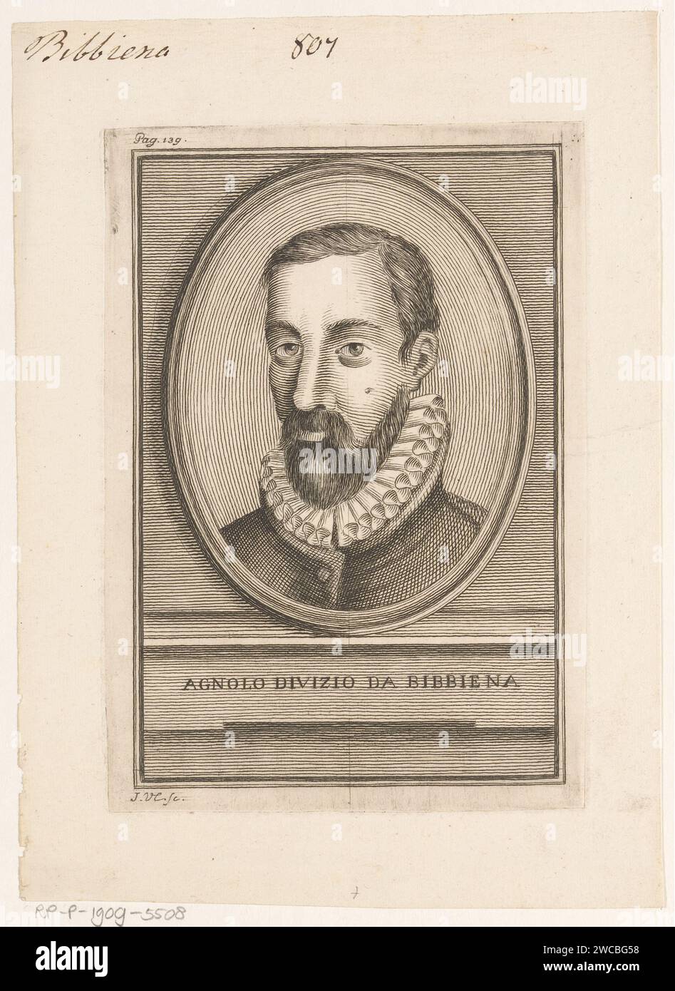 Portrait of songwriter Agnolo Divizio da Bibbiena, J. Verkruys, 1750 print Numbered in the top left: p. 139. print maker: Italypublisher: Lucca paper engraving historical persons. portrait of a writer. writer, poet, author Stock Photo