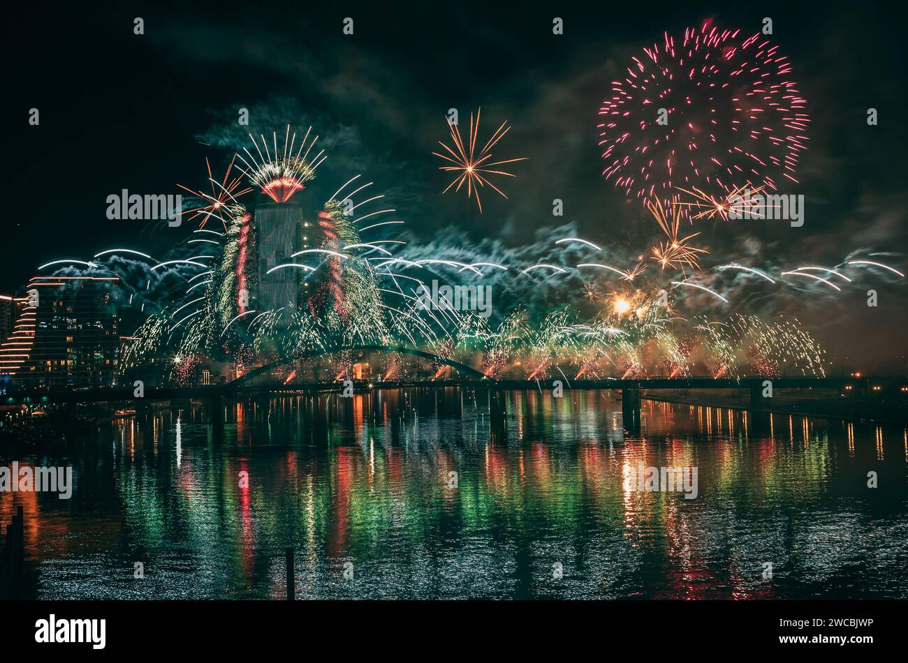 The beautiful fireworks lighting up the sky in Belgrade, Serbia. Stock Photo