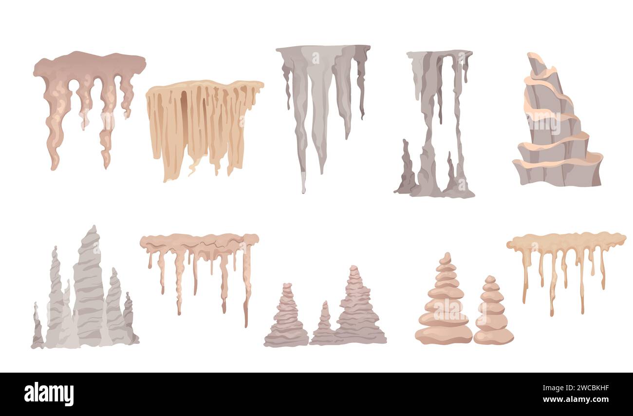 Set of cave stone mineral stalactite and stalagmites column natural growth geology formations vector illustration isolated on white background Stock Vector