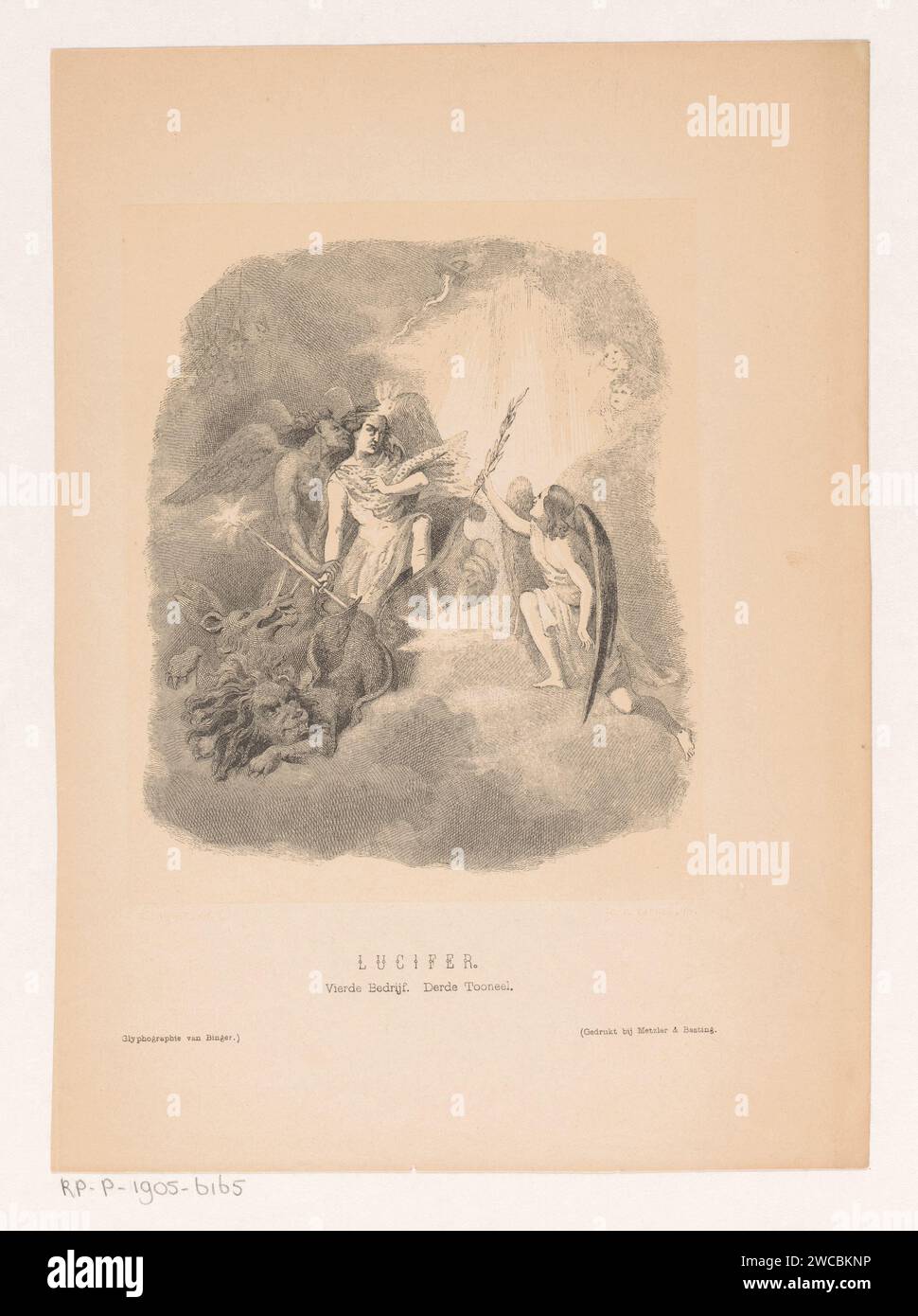 Rafaël tries to bring Lucifer to reason, Edouard Taurel, 1856 - 1872 print Lucifer is in his chariot and is offered an olive branch of peace by doctors' angel Rafaël. Amsterdam paper  devil(s) and demons: Lucifer. the Archangel Raphael Stock Photo