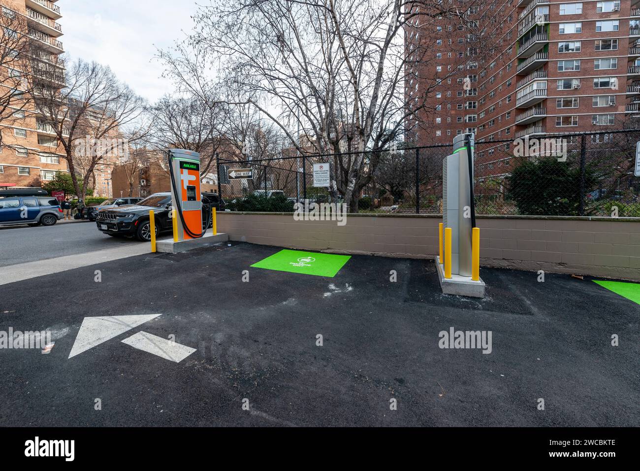 A spanking brand new Chargepoint electric vehicle charging station in Chelsea in New York on Friday, January 12, 2024. Congress has struck down the Biden administrations plan to provide a waiver from domestic sourcing for EV chargers opening the door for Chinese companies. (© Richard B. Levine) Stock Photo