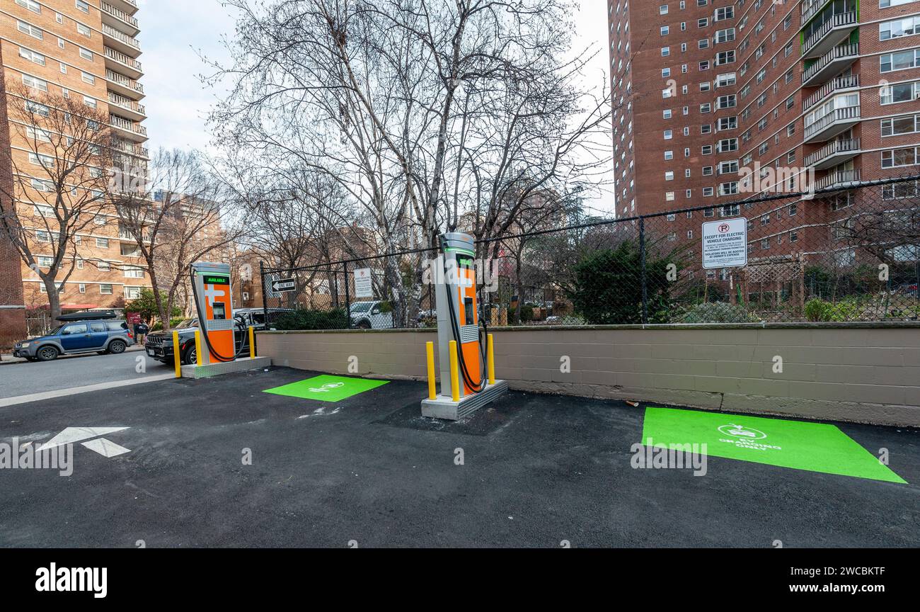 A spanking brand new Chargepoint electric vehicle charging station in Chelsea in New York on Friday, January 12, 2024. Congress has struck down the Biden administrations plan to provide a waiver from domestic sourcing for EV chargers opening the door for Chinese companies. (© Richard B. Levine) Stock Photo