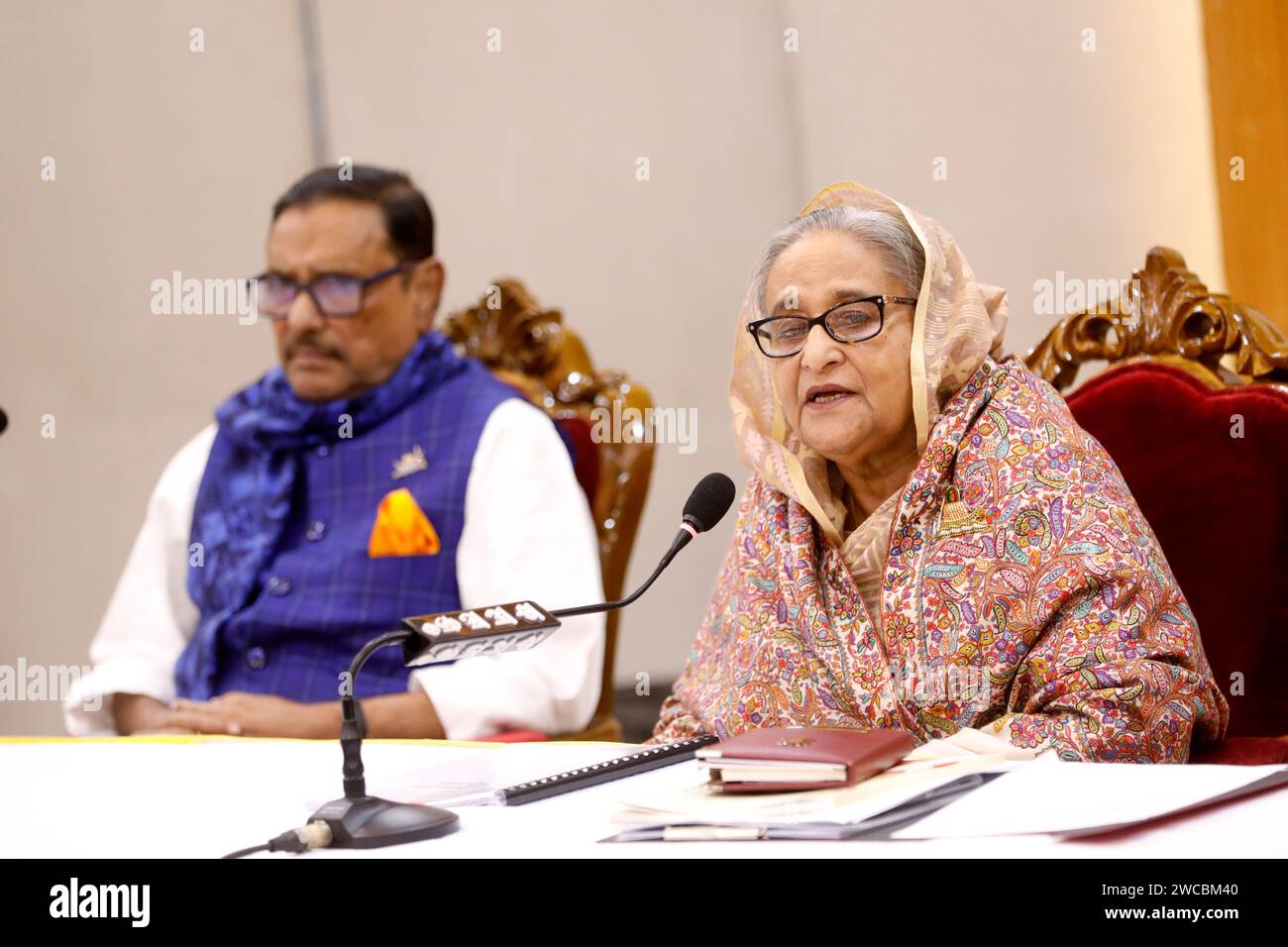 Dhaka, Bangladesh - January 15, 2024: Prime Minister Sheikh Hasina is addressing a joint meeting with leaders at the Awami League's central office on Stock Photo